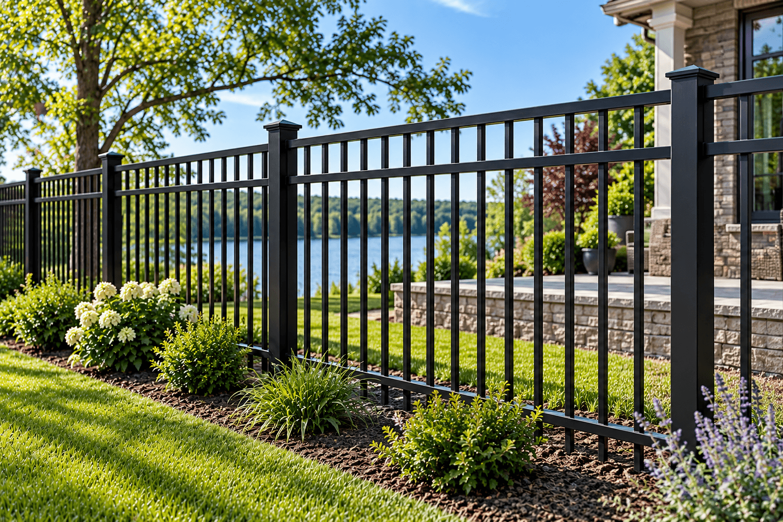 Black aluminum fence with slender vertical pickets