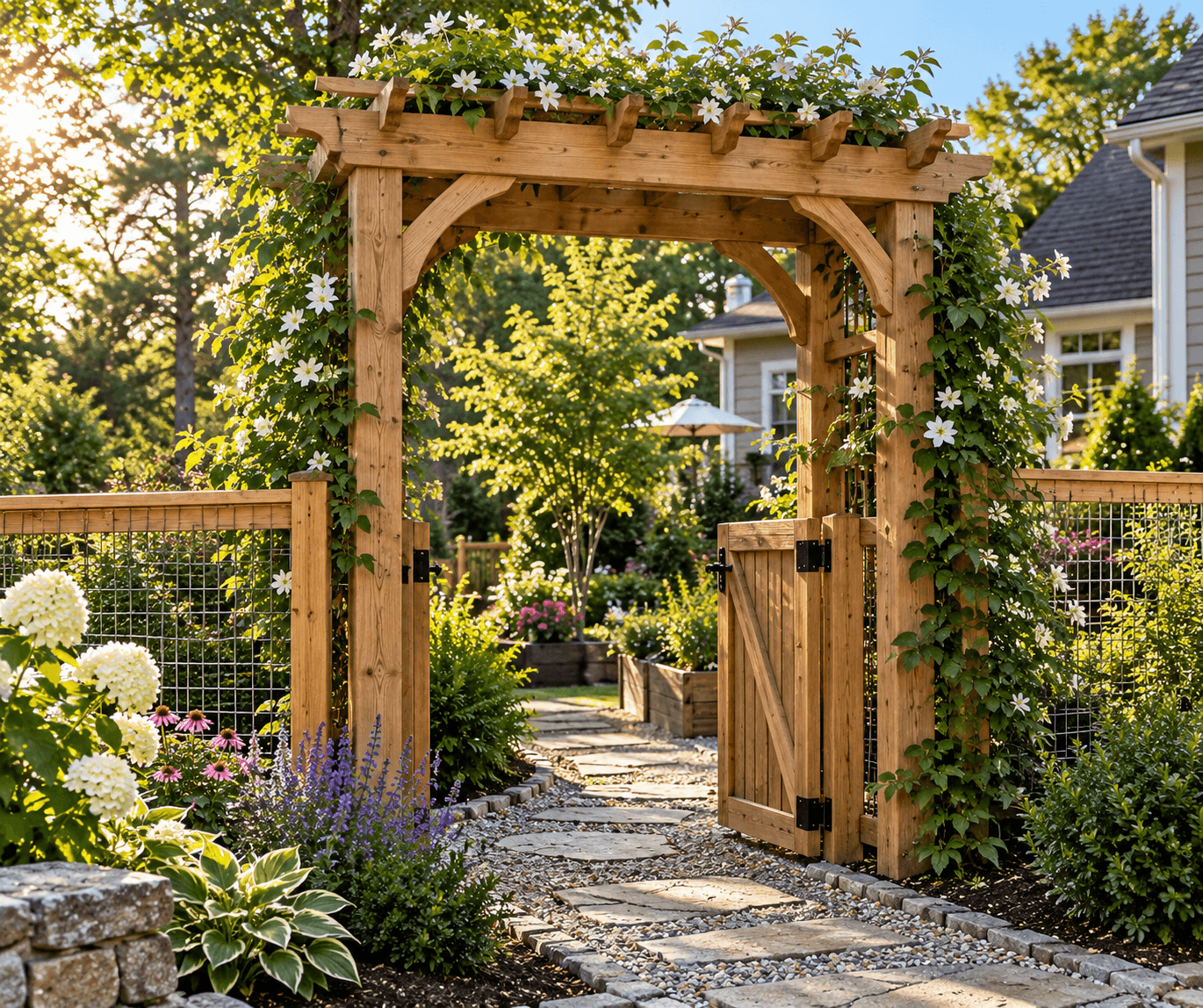 Wood garden arbor framing a landscaped pathway
