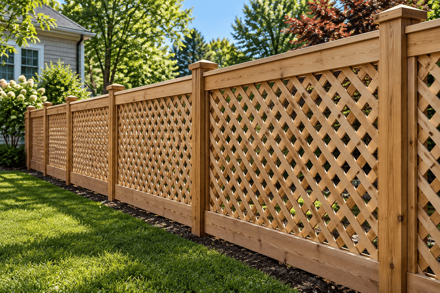 Wood lattice fence beside flowering plants