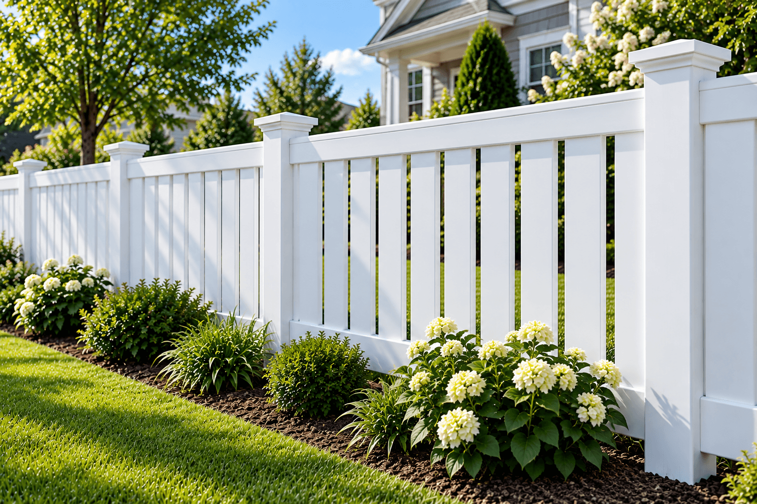 White vinyl fence along a landscaped yard