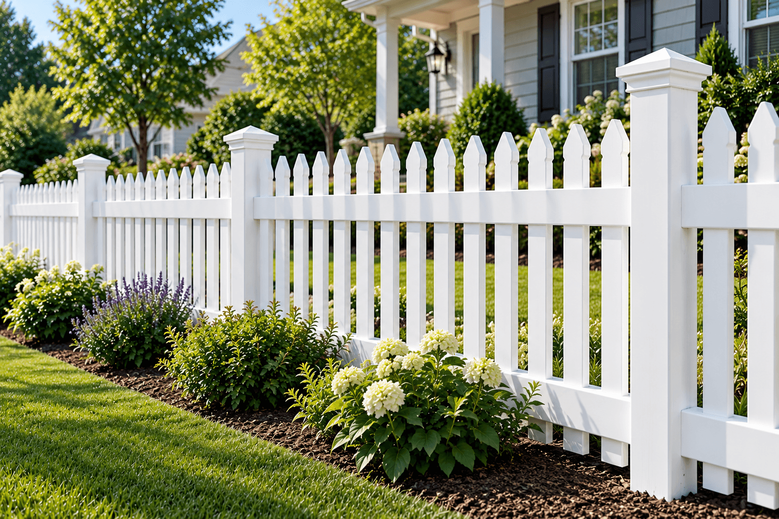 White vinyl picket fence with pointed tops