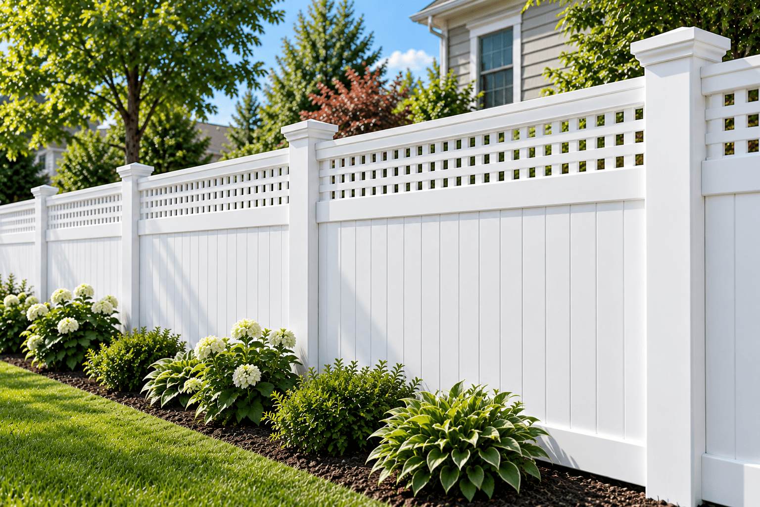 White vinyl privacy fence with a decorative topper