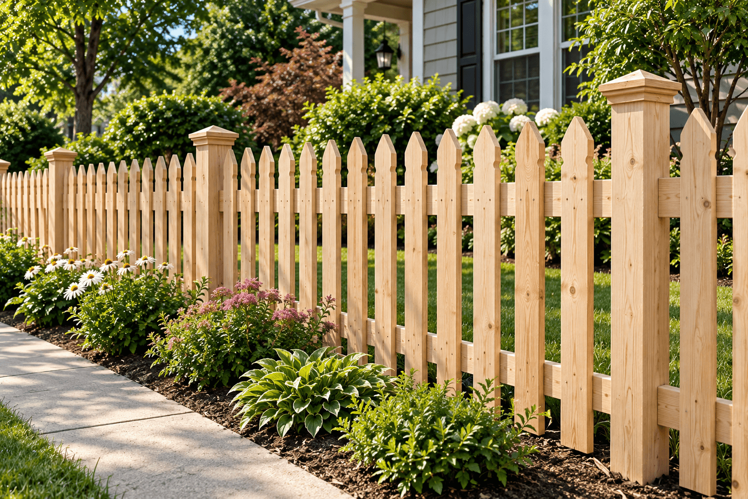 Wood picket fence bordering a garden
