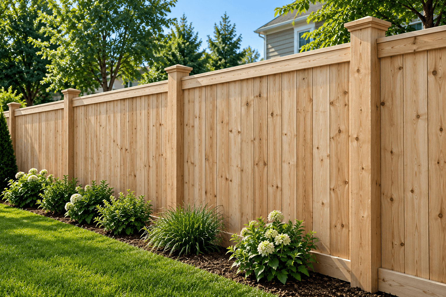 Solid wood privacy fence with vertical boards